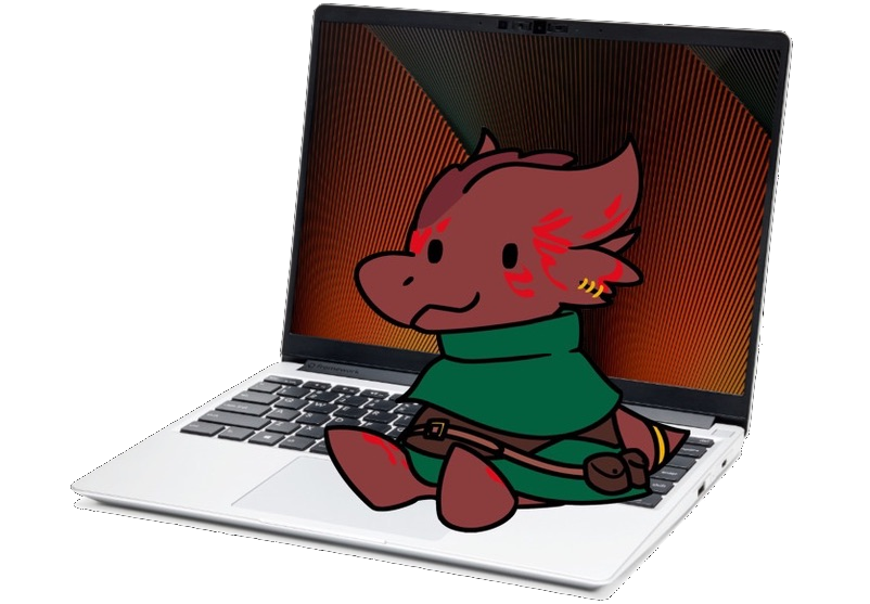 wyx the kobold sitting on a laptop